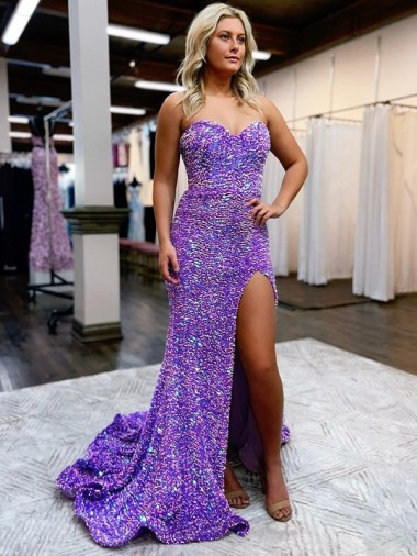 Inexpensive A-Line Sweetheart Sleeveless Long Velvet Sequin Prom Dress with Slit