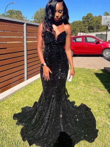 Inexpensive Mermaid Sweetheart Sleeveless Long Floor Length Velvet Sequin Prom Dress