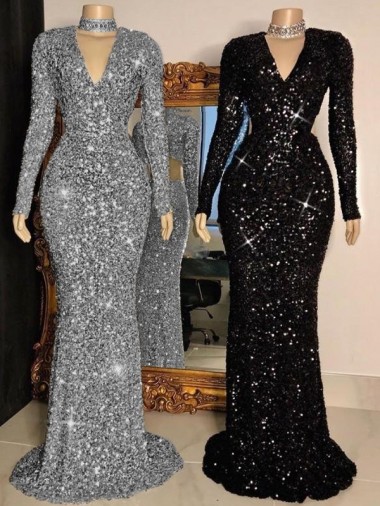 Inexpensive V-Neck Long Sleeves Long Sweep Train Velvet Sequin Prom Dress