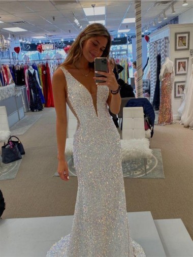 Inexpensive V-Neck Sleeveless Long Velvet Sequin Prom Dress with Sweep Train