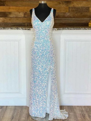 Inexpensive V-Neck Sleeveless Long Sweep Train Velvet Sequin Prom Dress