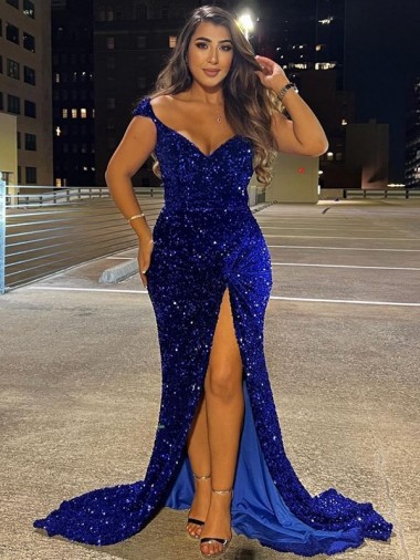 Inexpensive V-Neck Sleeveless Long Sweep Train Velvet Sequin Prom Dress with Slit