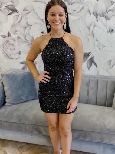 Inexpensive Halter Sleeveless Short Velvet Sequin Prom Dress