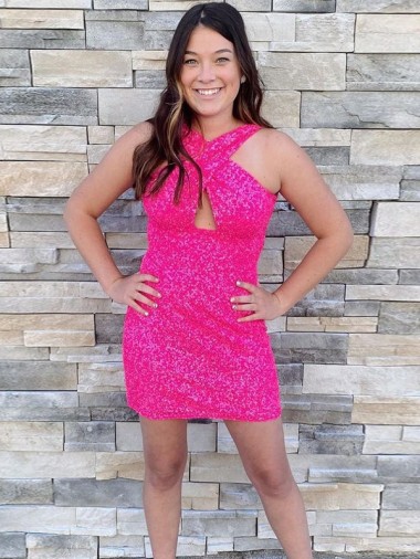 Inexpensive Halter Sleeveless Short Velvet Sequin Cocktail Prom Dress