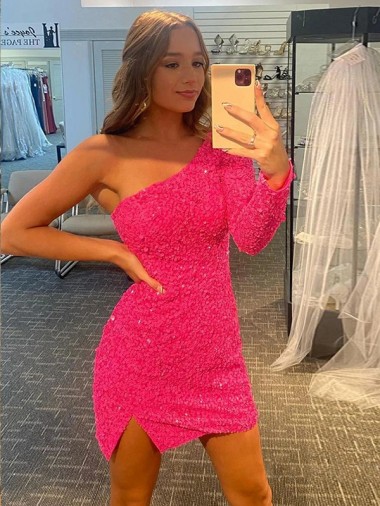 Inexpensive Short Velvet Sequin One Shoulder Long Sleeves Prom Dress
