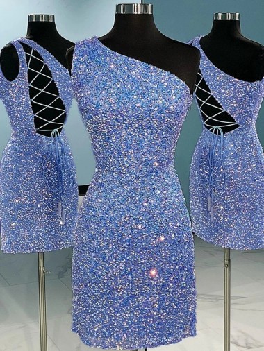 Inexpensive Short Velvet Sequin One Shoulder Sleeveless Prom Dress