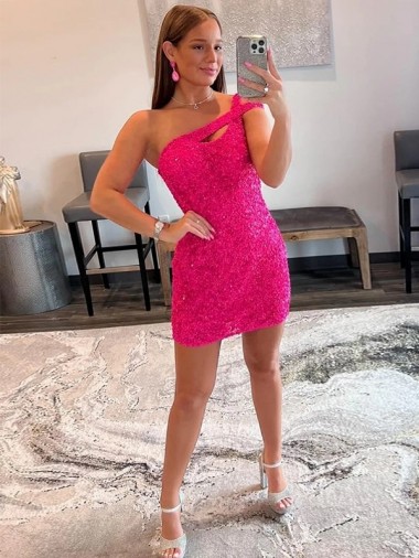 Inexpensive Velvet Sequin One Shoulder Sleeveless Short Prom Dress