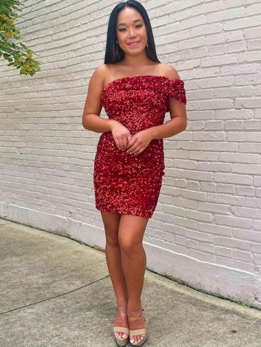 Inexpensive Short One Shoulder Sleeveless Velvet Sequin Cocktail Prom Dress
