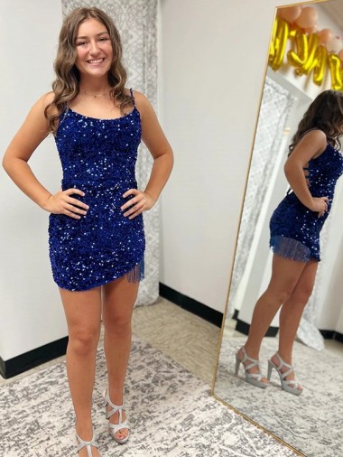 Inexpensive Spaghetti Straps Backless Sleeveless Short Velvet Sequin Prom Dress