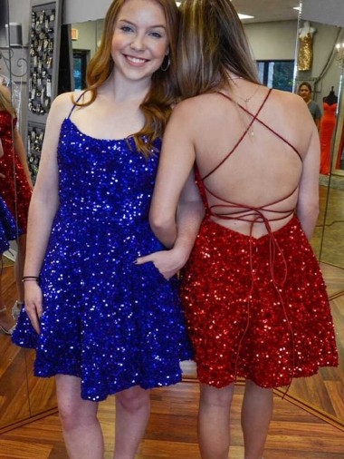 Inexpensive A-Line Spaghetti Straps Sleeveless Short Velvet Sequin Prom Dress