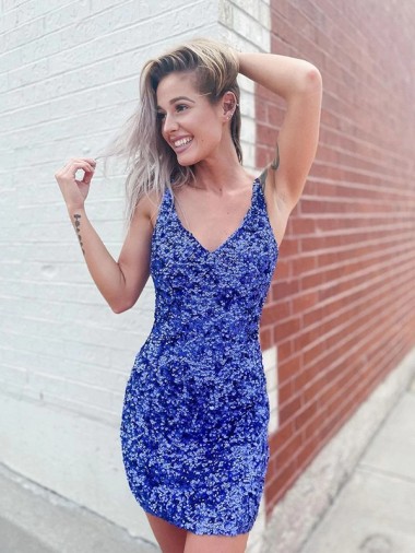 Inexpensive Short Velvet Sequin V-Neck Sleeveless Prom Dress