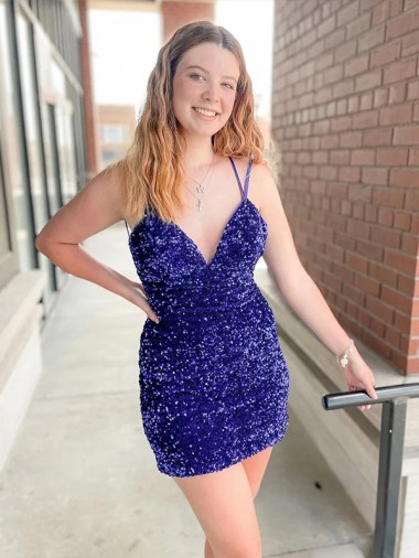 Inexpensive Sleeveless Short Velvet Sequin V-Neck Prom Dress