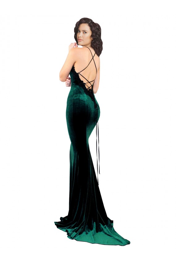High Neck Stretch Velvet Prom Dress with Black Lace Embroidery