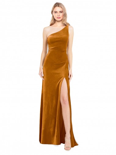 Inexpensive Sleek One Shoulder Long Velvet Prom Dress