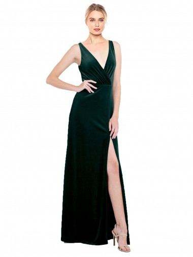 Inexpensive Sleek V-Neck Long Velvet Prom Dress with Side Slit