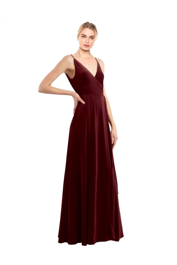 Faux Wrap V-Neck Sleek Long Velvet Prom Dress