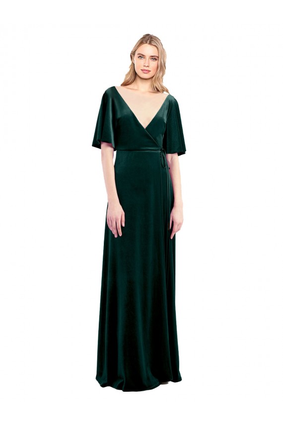 Deep V-Neck Flutter Sleeves Long Velvet Wrap Prom Dress
