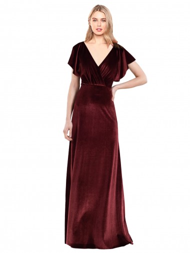 Inexpensive Flutter Sleeves Open Back Long Velvet Prom Dress