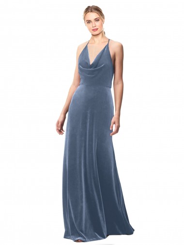 Inexpensive Halter Cowl Neck Long A-Line Velvet Prom Dress with Keyhole Back