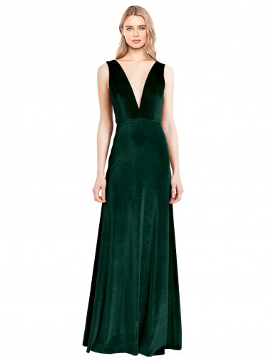 Inexpensive Daring Deep V-Neck Long Full Length Velvet Prom Dress