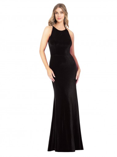 Inexpensive Vintage Velvet High Neck Prom Dress with Strappy Back