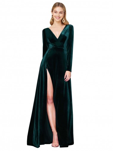 Inexpensive Deep V-Neck Long Sleeves Velvet Prom Dress with High Side Split