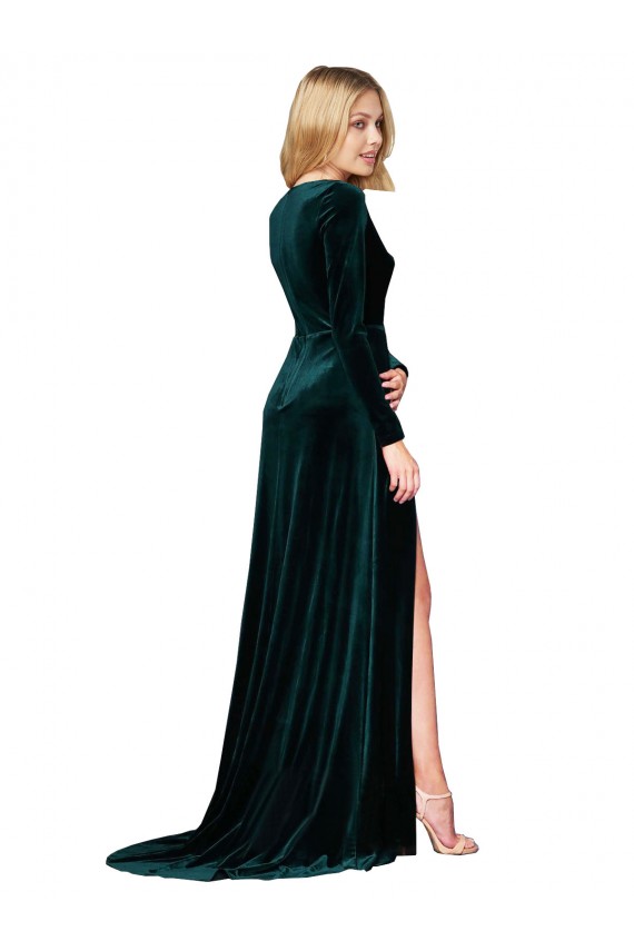 Deep V-Neck Long Sleeves Velvet Prom Dress with High Side Split