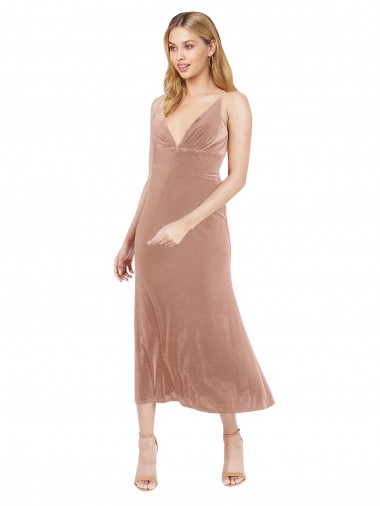 Inexpensive Midi Length Short V-Neck Velvet Cocktail Prom Dress / Homecoming Dress with Notched Neckline