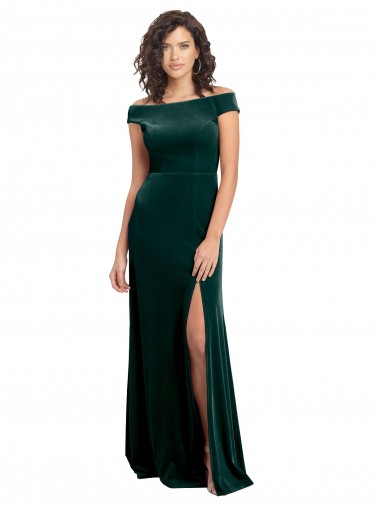 Inexpensive Floor Length Cap Sleeves Long Velvet Prom Dress with High Side Slit