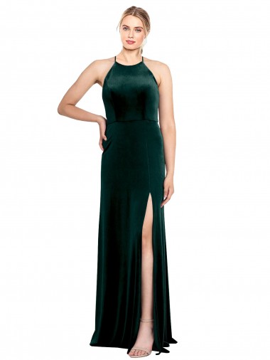 Inexpensive Long Jewel Neck Full Length Velvet Prom Dress with Side Slit