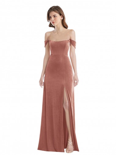 Inexpensive Off the Shoulder Flounce Sleeve Velvet Maxi Prom Dress & Pockets