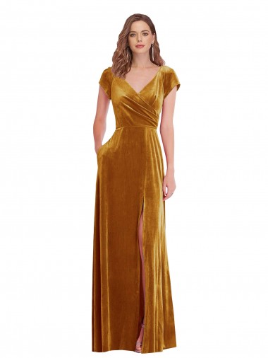 Inexpensive Cap Sleeve Faux Wrap Velvet Maxi Prom Dress with Pockets