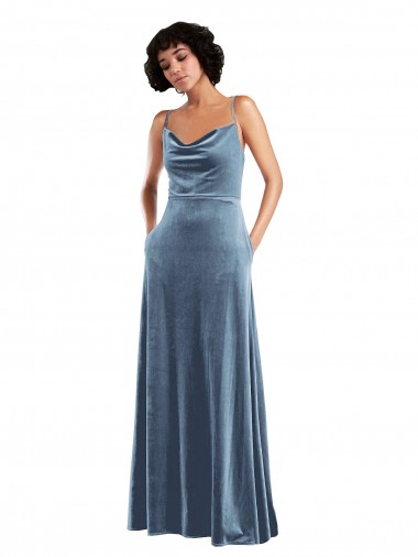 Inexpensive Sleek Cowl Neck Velvet Maxi Prom Dress with Pockets