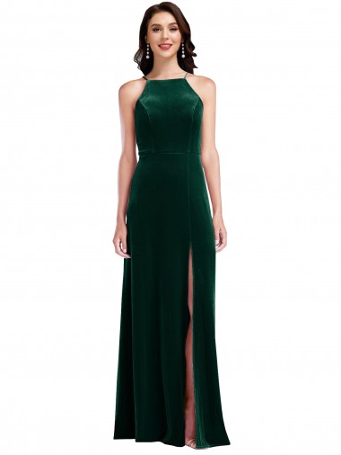 Inexpensive Velvet Halter Maxi Prom Dress with Front Slit & Pockets