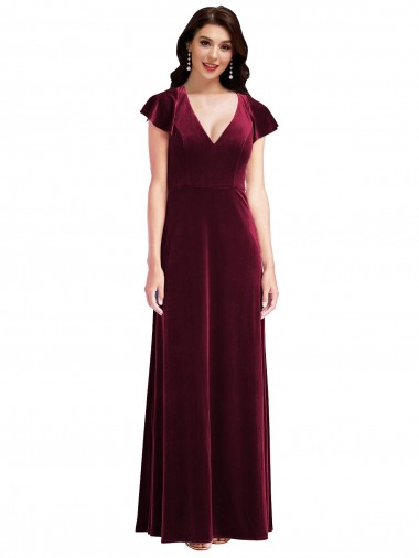 Inexpensive Flutter Sleeve Velvet Maxi Prom Dress with Pockets