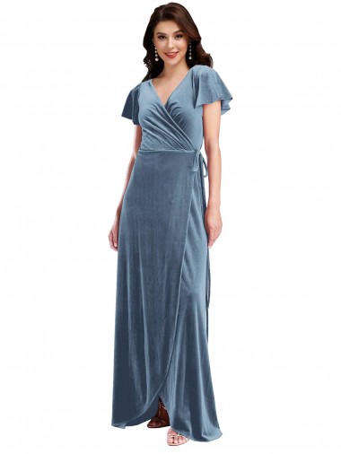 Inexpensive Flutter Sleeve Velvet Wrap Maxi Prom Dress with Pockets