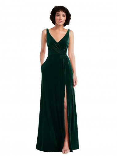 Inexpensive Floor Length Velvet Maxi Prom Dress with Shirred Bodice and Front Slit