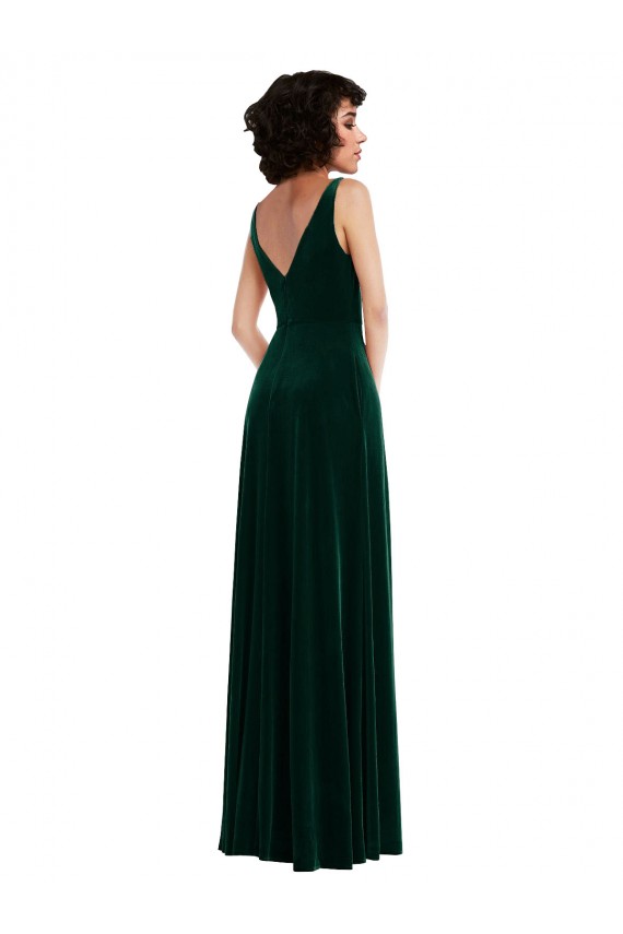 Floor Length Velvet Maxi Prom Dress with Shirred Bodice and Front Slit