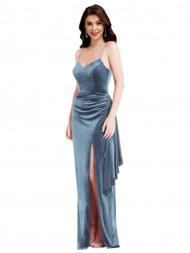 Inexpensive Spaghetti Strap Velvet Maxi Prom Dress with Draped Skirt