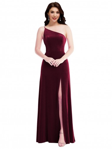 Inexpensive One Shoulder Spaghetti Strap Velvet Maxi Prom Dress with Pockets