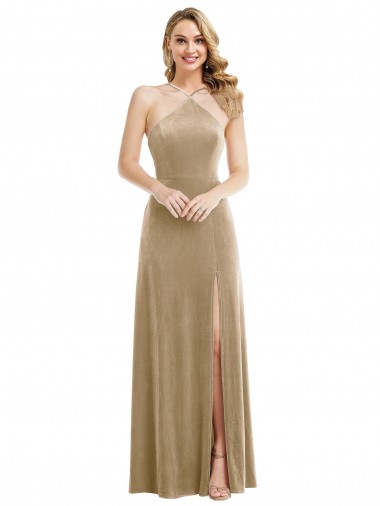 Inexpensive High Neck Halter Open Back Long Velvet Maxi Prom Dress with Pockets
