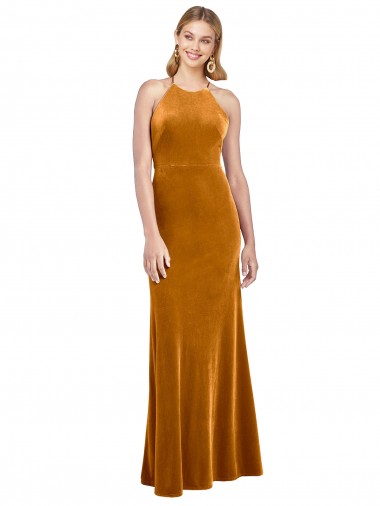 Inexpensive Halter Neckline Long Full Length Velvet Prom Dress with Strappy Back