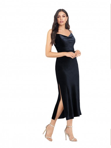 Inexpensive Midi Length Velvet Cocktail Prom Dress / Homecoming Dress with Cowl Neck and Spaghetti Straps