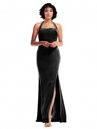 Inexpensive Empire Waist Stretch Velvet Prom Dress with Halter Strap