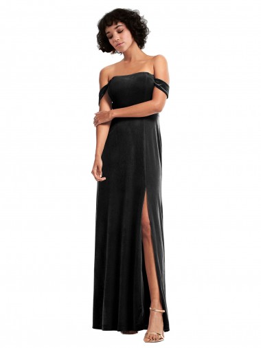Inexpensive Off the Shoulder Drapped Sleeves Stretch Velvet Prom Dress