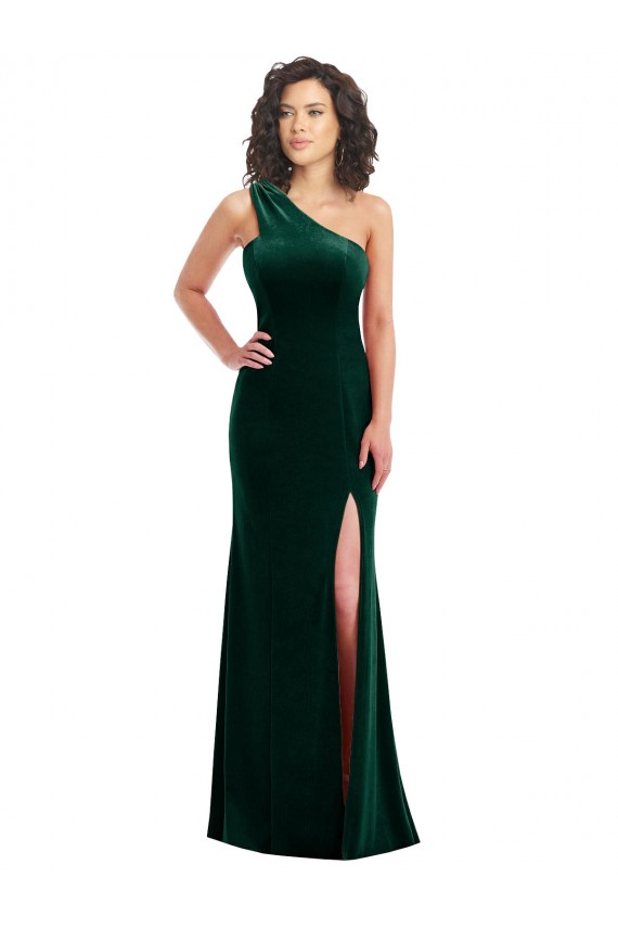 One Shoulder Velvet Trumpet Prom Dress with Front Slit