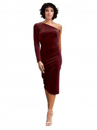 Inexpensive One Shoulder Fitted Short Midi Length Velvet Prom Dress