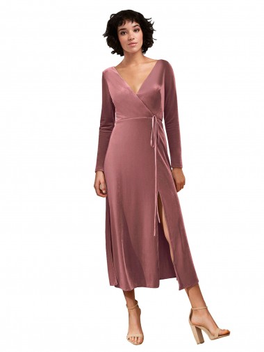 Inexpensive Long Sleeve Velvet Faux Wrap Midi Length Prom Dress