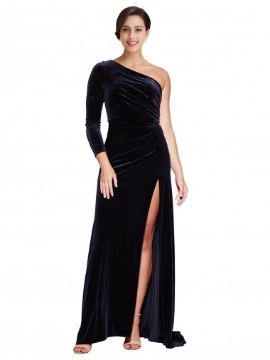 Inexpensive One Sleeve Long Velvet Prom Dress with Thigh High Split