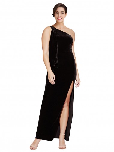 Inexpensive One Shoulder Long Velvet Prom Dress with Side Split and Shoulder Tie